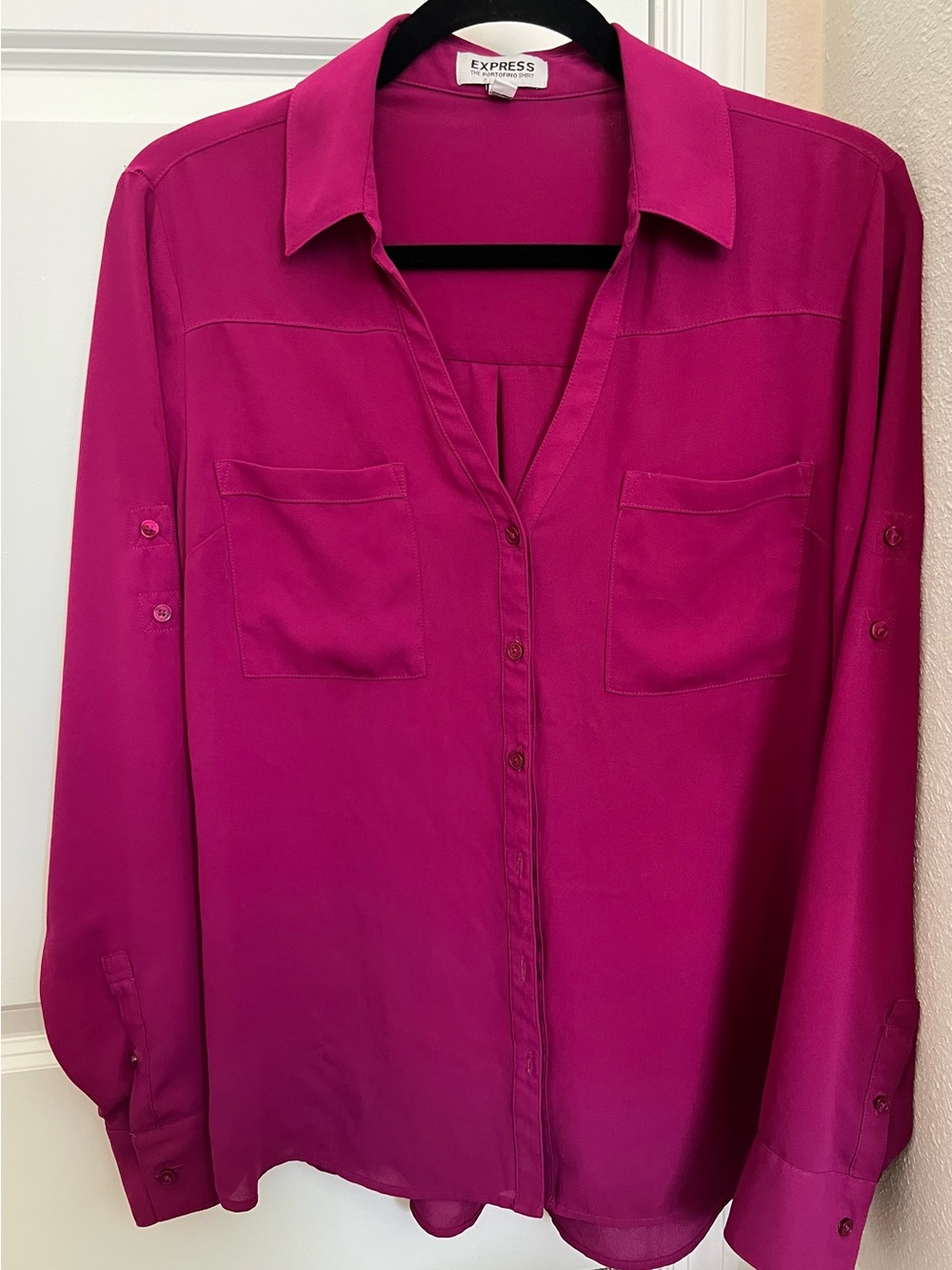 Express Portofino Fuchsia Button Front Blouse Roll Tab Sleeve - Medium